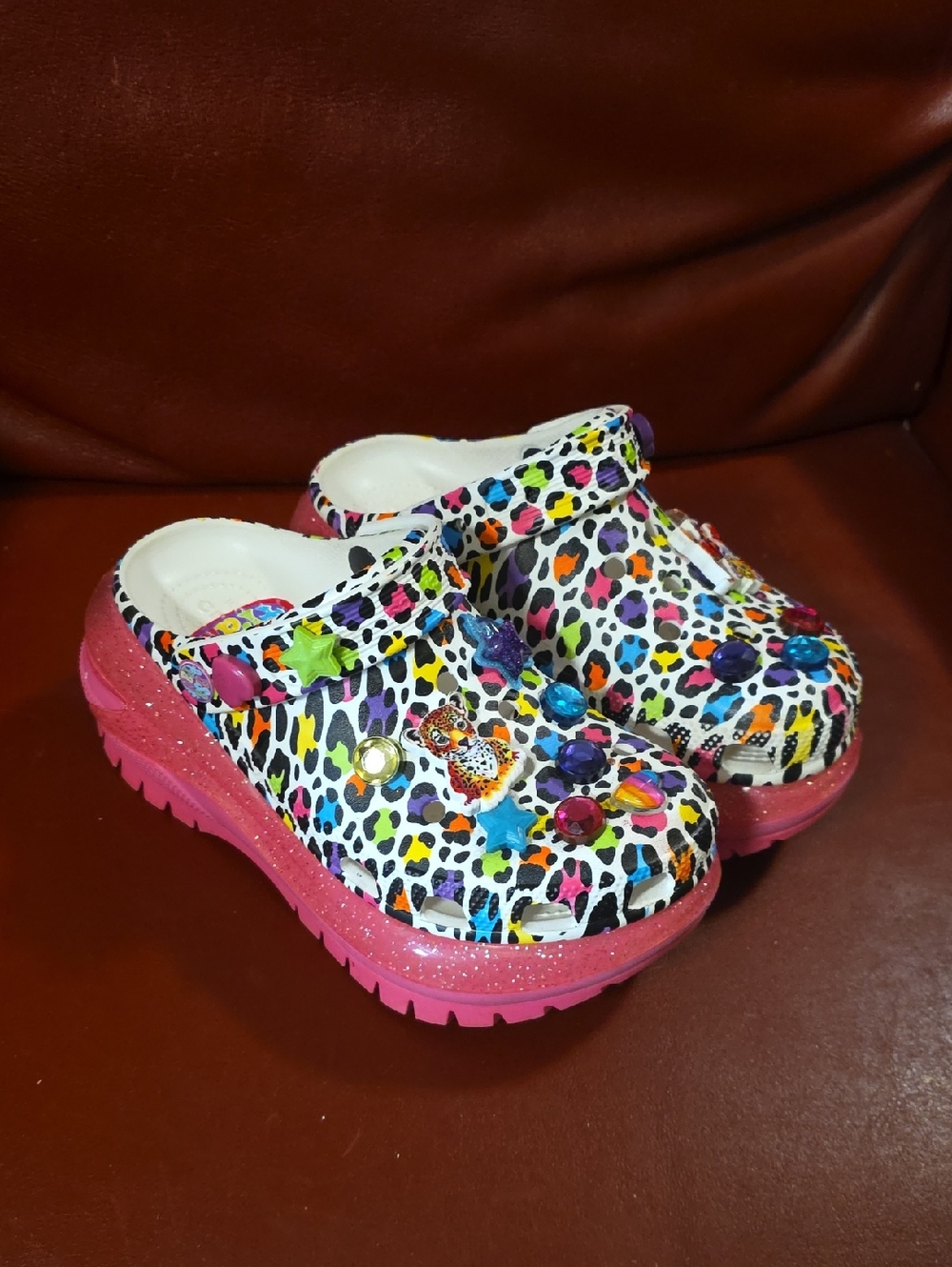 CROCS Multicolor Leopard Print Clog with Pink Glitter Platform